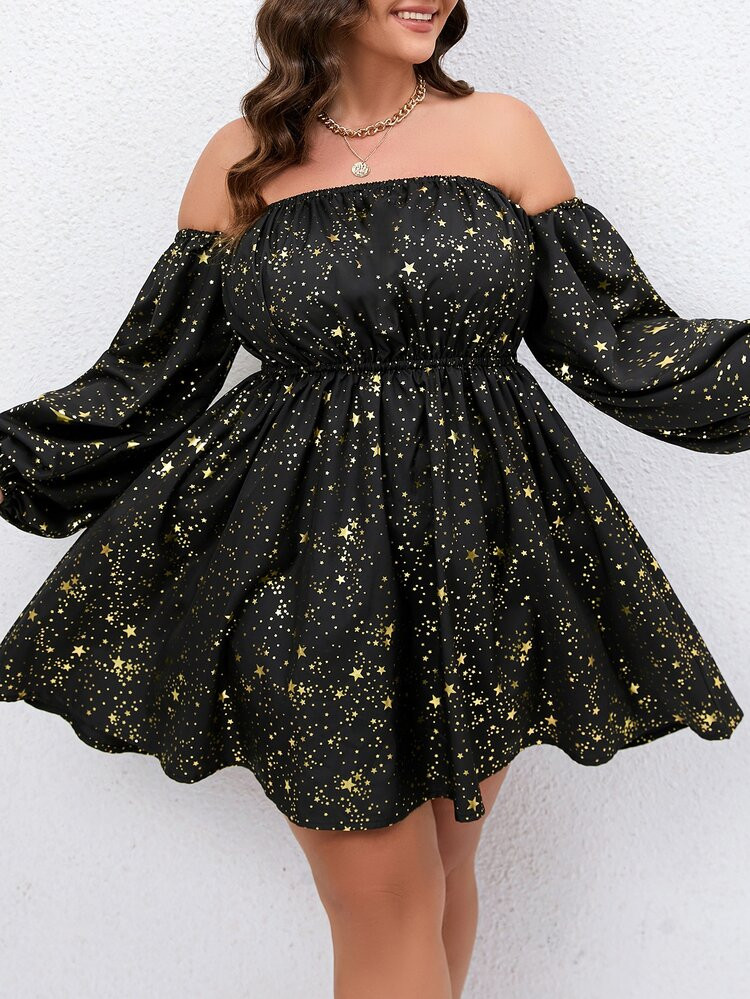 Plus Gold Star Print Off Shoulder Lantern Sleeve Dress | SHEIN