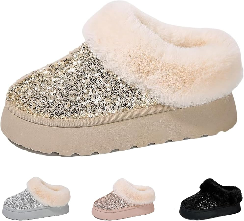 Women's Platform Glitter Sequin Flat Slippers Glitter Sequin Fuzzy Warm Winter Snow Boots Indoor ... | Amazon (US)
