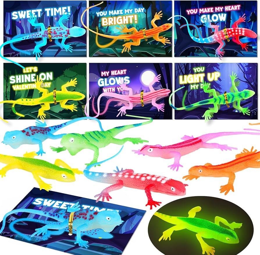 Valentines Day Gifts for Kids - 24 Pack Valentines Day Cards with Glow in The Dark Lizards for Ki... | Amazon (US)