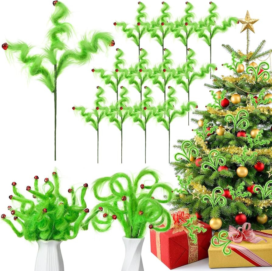 12 Pcs Christmas Tree Topper 16'' Lime Green Fur Picks Decoration Furry Curly Stems Xmas Tree Elf... | Amazon (US)