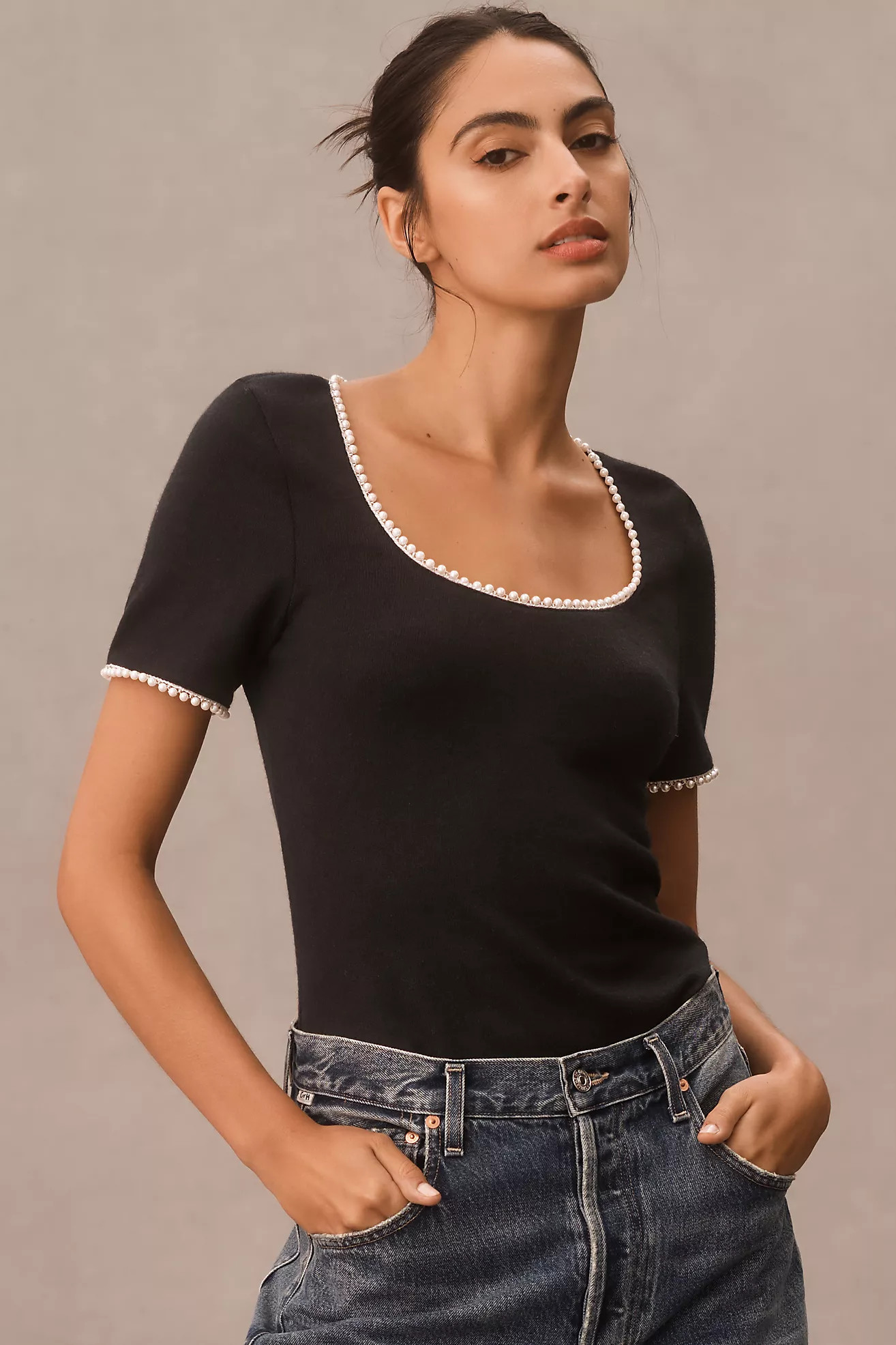 Canapé Pearl-Trim Scoop-Neck Tee | Anthropologie (US)