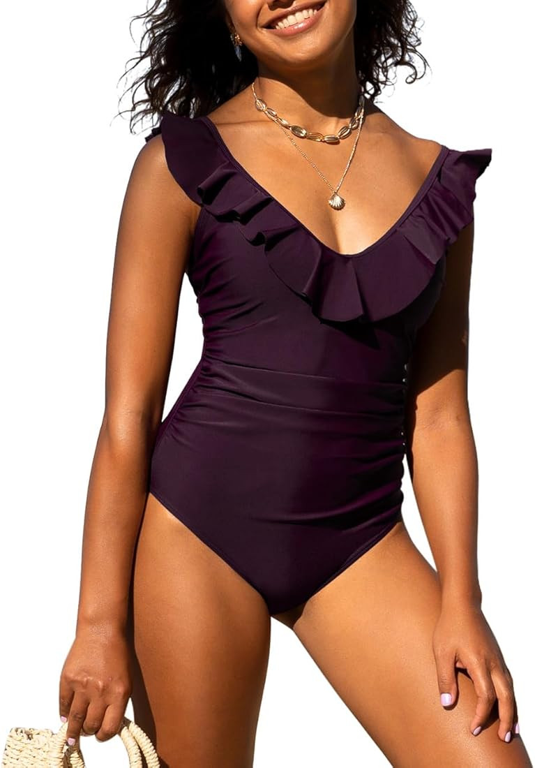 Hilor Women's One Piece Swimsuits V Neck Ruffled Swimwear Shirred Monokini Bathing Suit Tummy Con... | Amazon (US)