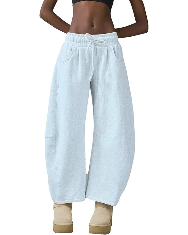 Womens Barrel Leg Sweatpant Mid Rise Elastic Waist Drawstring Casual Baggy Wide Leg Pants with Po... | Amazon (US)