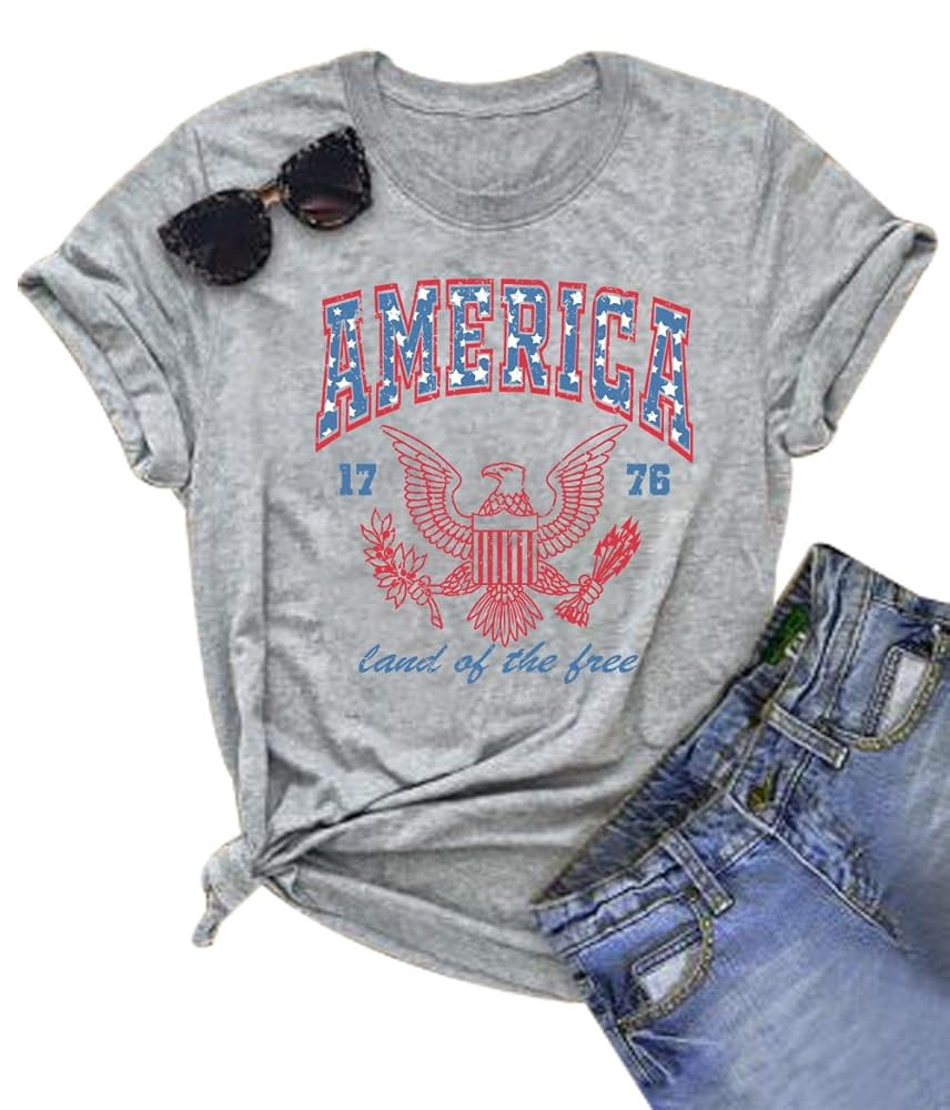 Women America Patriotic 4th of July Party Shirt Land of The Free T-Shirt Retro 1776 Short Sleeve ... | Amazon (US)