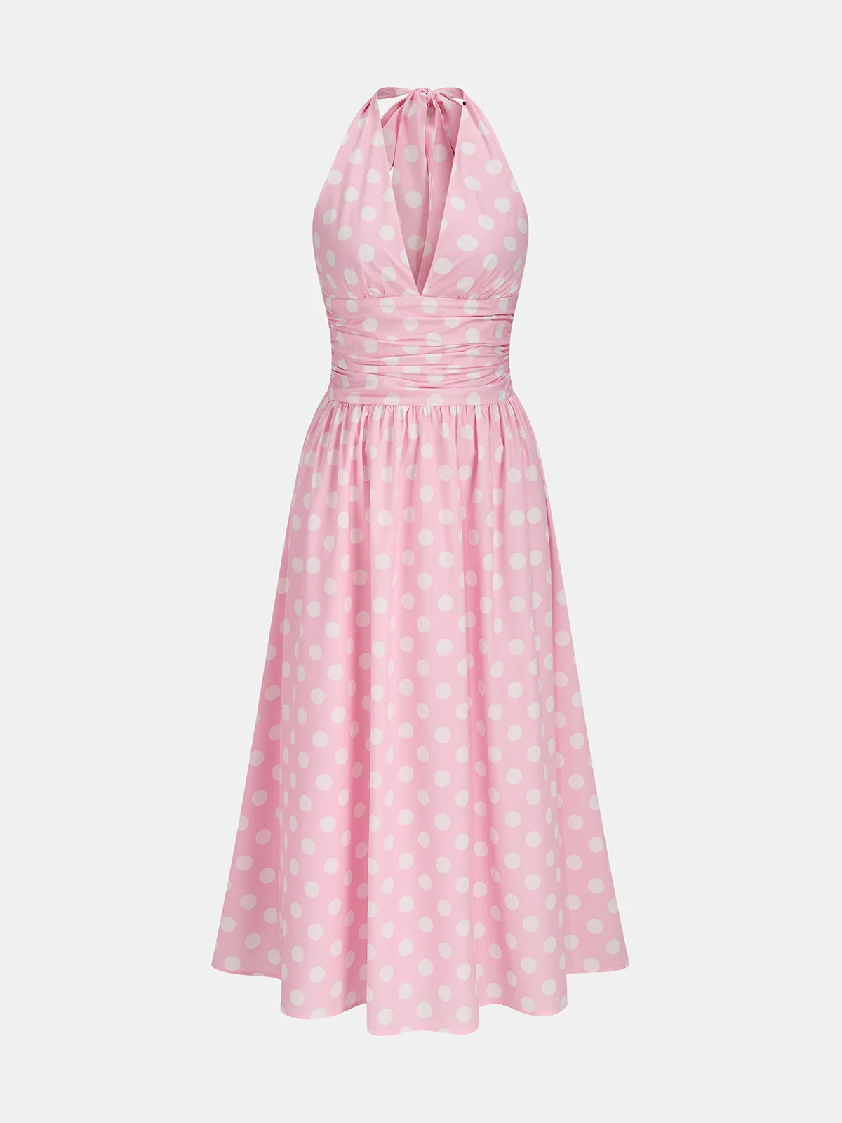 Polka Dot Halter Ruched Midi Dress | Commense