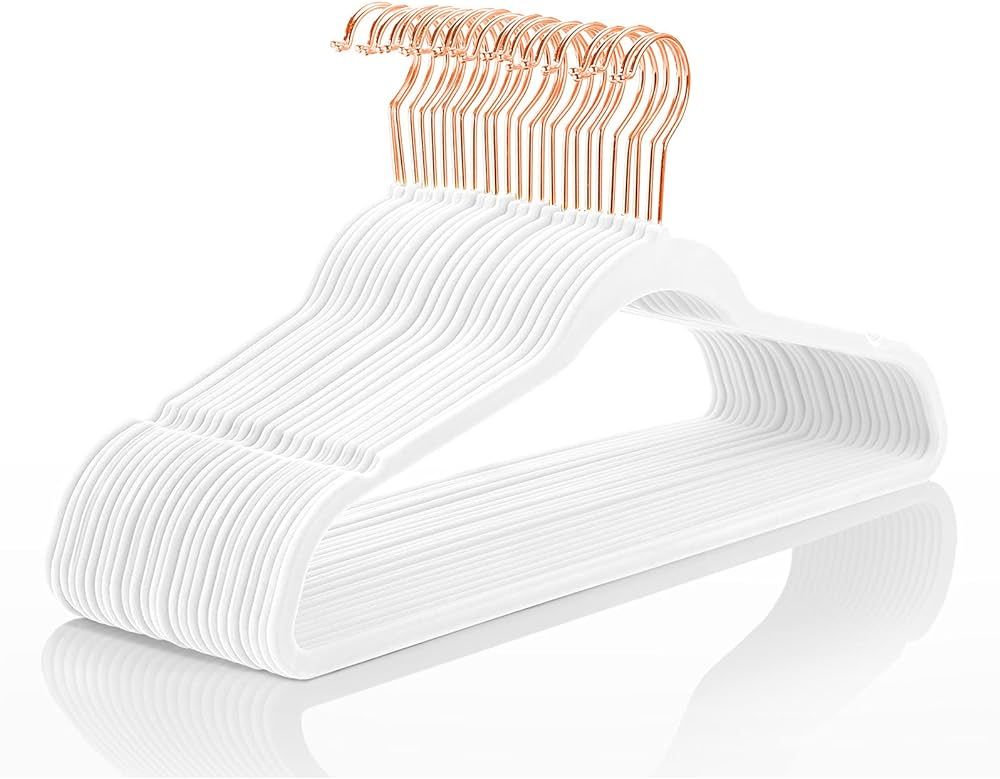 MIZGI Premium Velvet Hangers (Pack of 50) Heavyduty - Non Slip - Velvet Suit Hangers White - Copp... | Amazon (US)