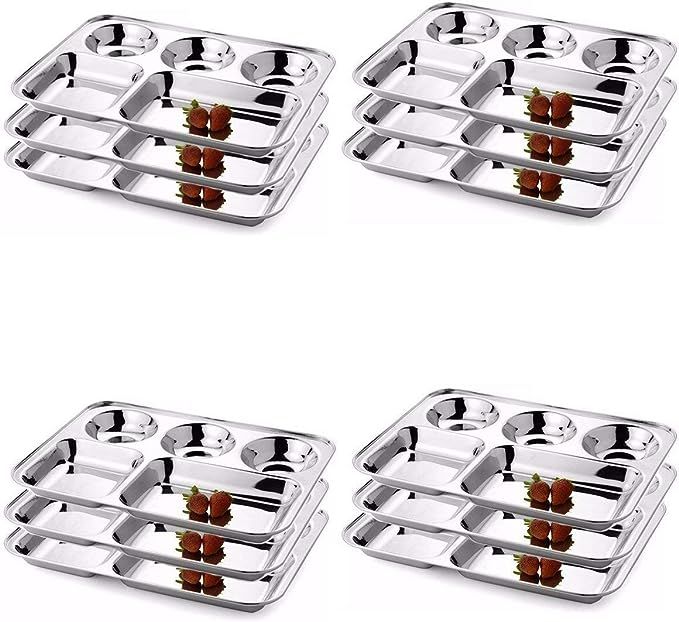 IndiaBigShop Stainless Steel Five Compartment Rectangle Plates, Thali, Mess Tray, Dinner Plate Se... | Amazon (US)