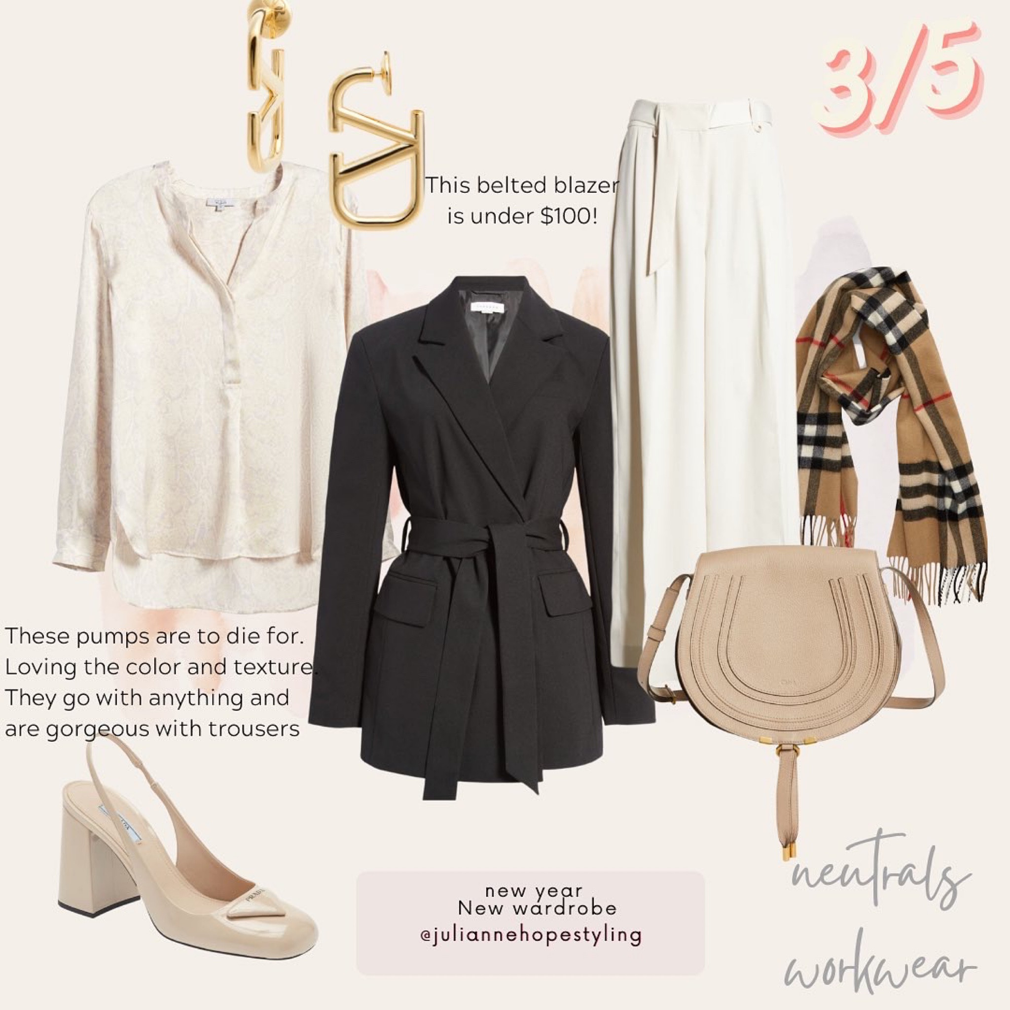 Neutral style, wide leg trousers, workwear, Prada pumps, Chloe marcie, Burberry scarf 