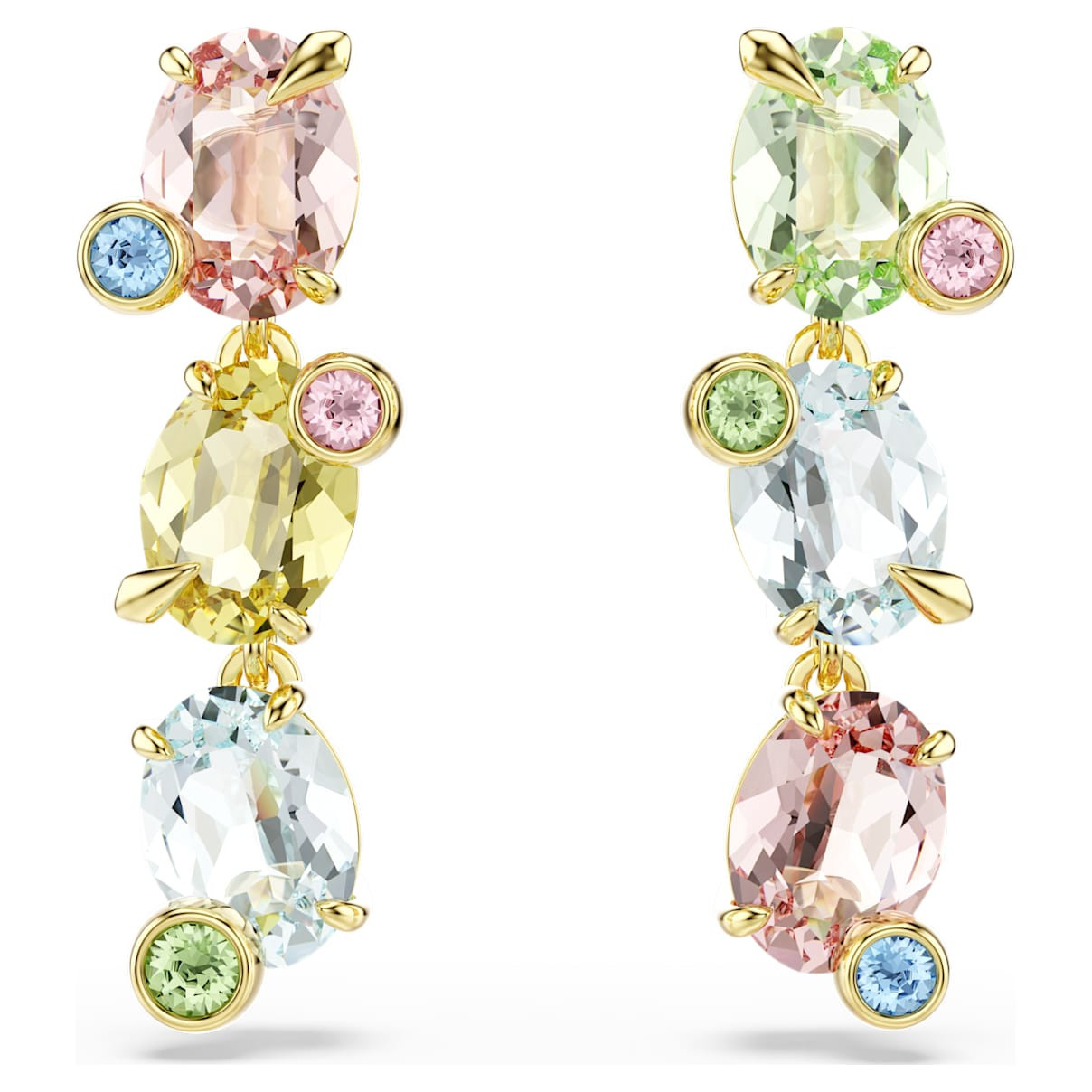 Gema drop earrings, Asymmetrical design, Mixed cuts, Multicoloured, 18K gold finish | SWAROVSKI