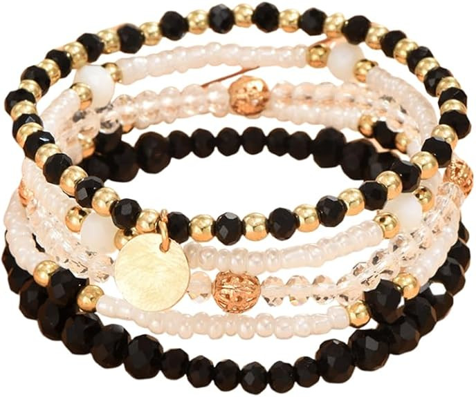 xuzhiyuan Boho Stackable Beaded Bracelet Set – 5Pcs Colorful Elastic Layered Bracelets with Gol... | Amazon (US)