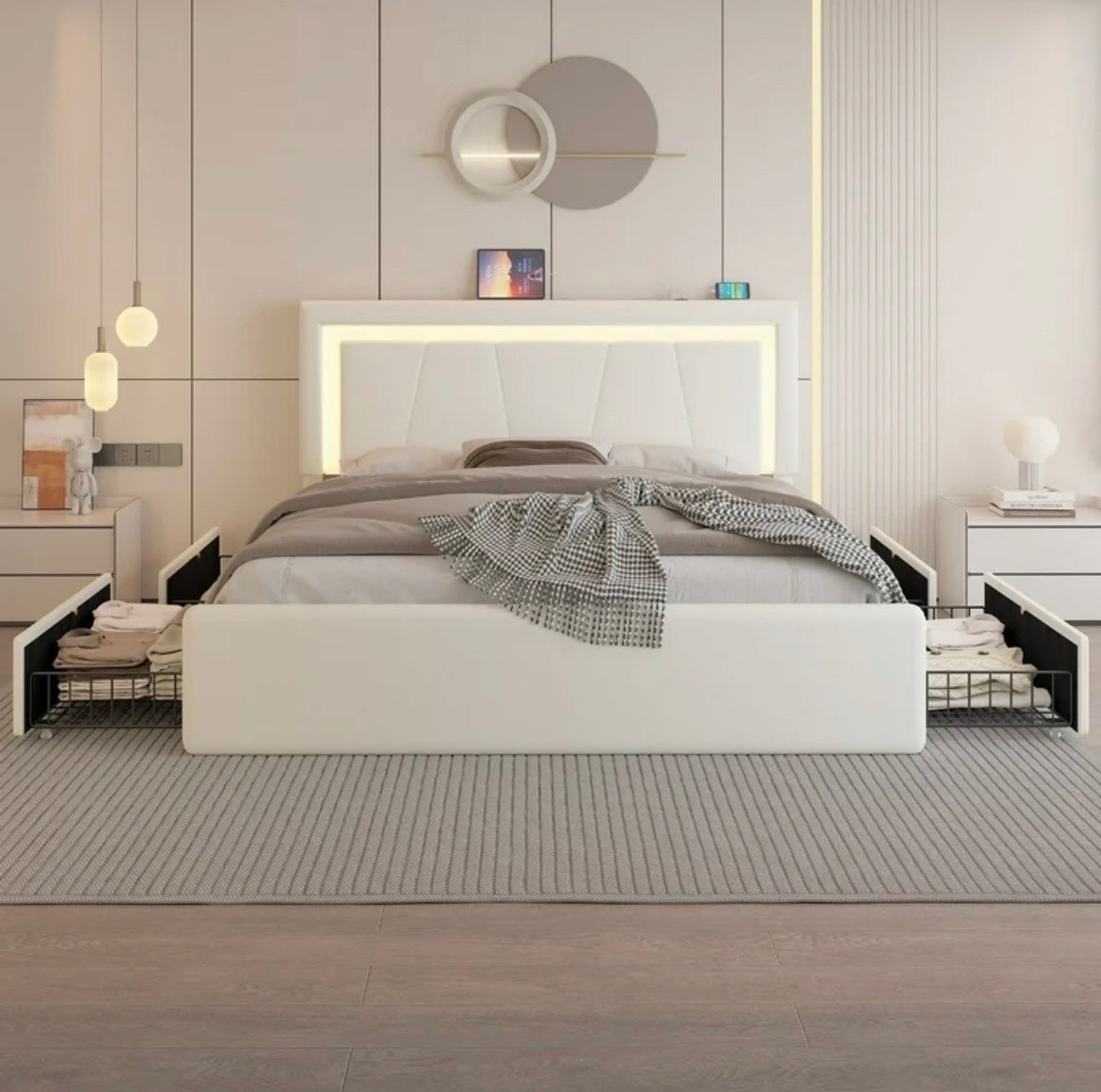 E-Motie Full Size Bed Frame with 4 Storage Drawers and LED Lights, Upholstered Platform Bed with Adjustable Headboard and Charging Station, Metal Slats Support, White