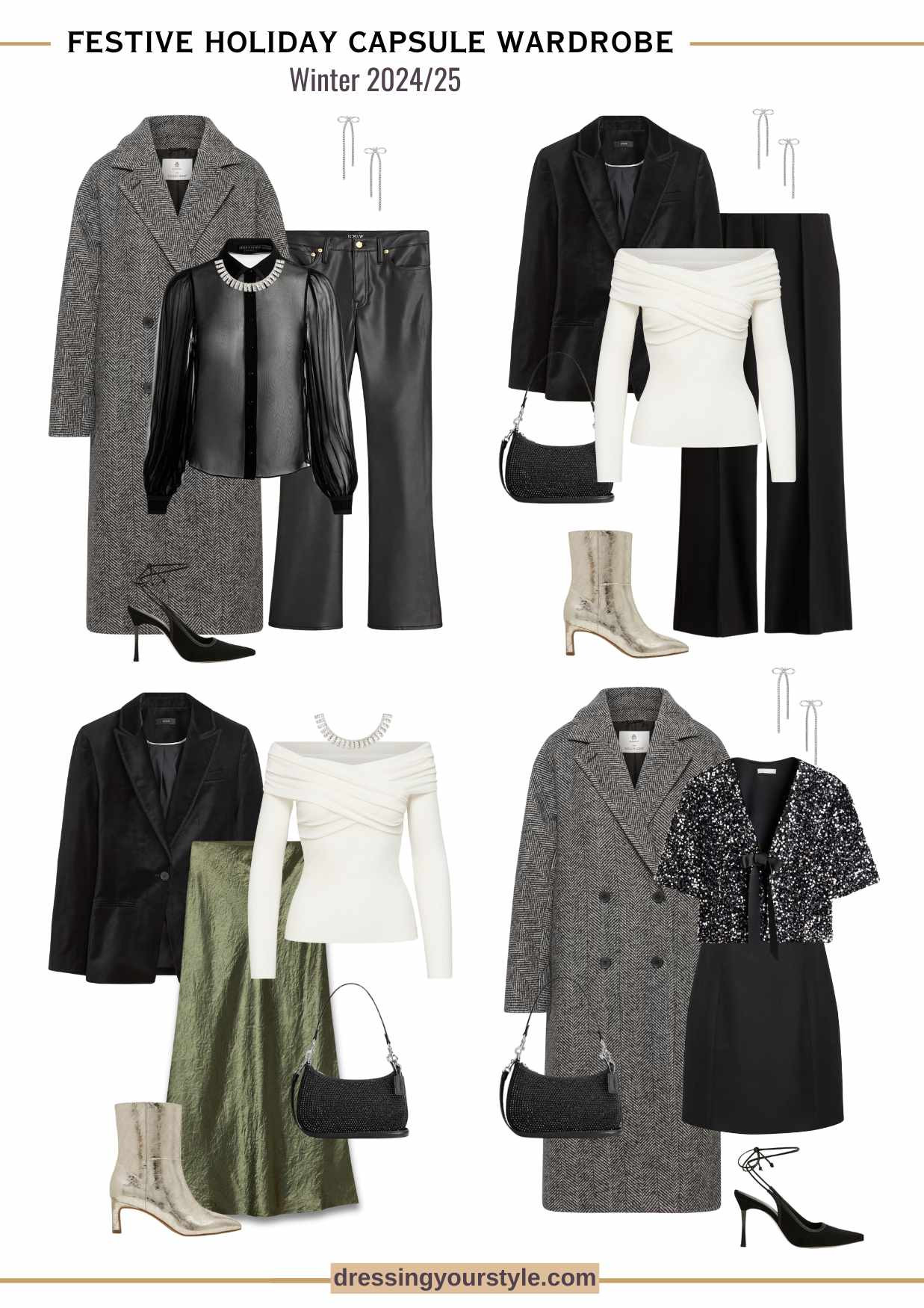 Olive green white and black Festive holiday capsule wardrobe -chic and classy party outfits 

#LTKParties #LTKSeasonal #LTKHoliday