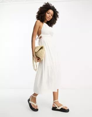 ASOS DESIGN seersucker halter midi sundress with strappy back in white | ASOS (Global)