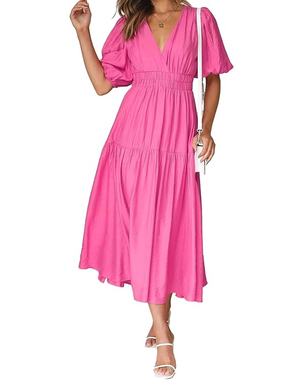 Women’s 2023 Summer Causal Dress Puff Sleeve V Neck A-line Solid Flowy Tiered Midi Dresses | Amazon (US)