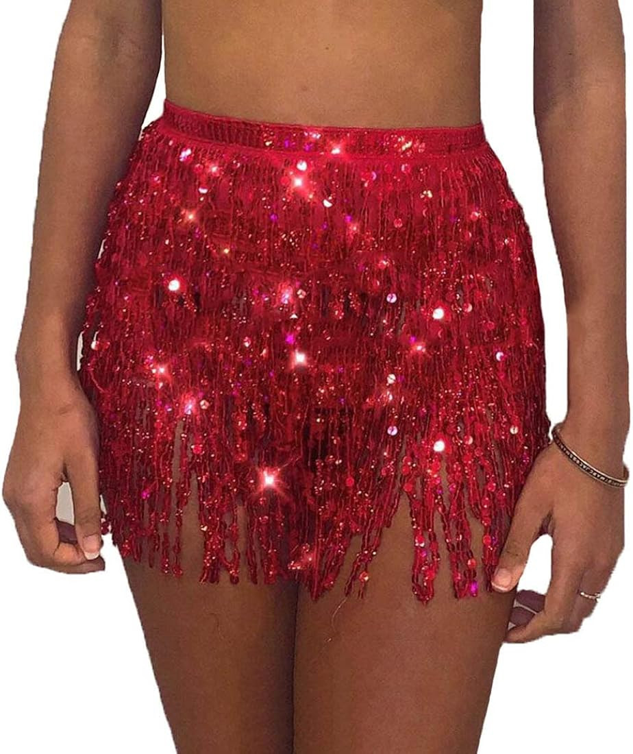 Victray Belly Dance Hip Skirt Tassel Scarf Sequin Wrap Rave Costume for Women | Amazon (US)