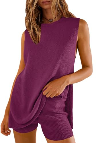 SENSERISE Womens Summer Sweater Sets 2 Piece Beach Vacation Outfits Top Shorts Ribbed Knit Lounge Sets(Fuchsia Purple,XL) | Amazon (US)