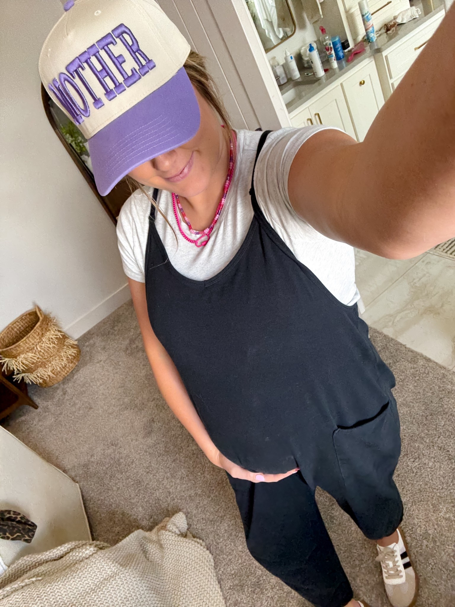 WFH outfit today 💜 this is a maternity jumpsuit and is heavenly when you don’t want anything tight on your body (wearing the medium)! The crew neck tee I have on under is from Old Navy & only $10– such a closet staple too!!! I got the size Large in the tee  
