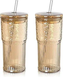 Joeyan 22 oz Amber Glass Tumbler with Straw and Lid for Iced Tea Coffee Smoothie Water Juice Beve... | Amazon (US)