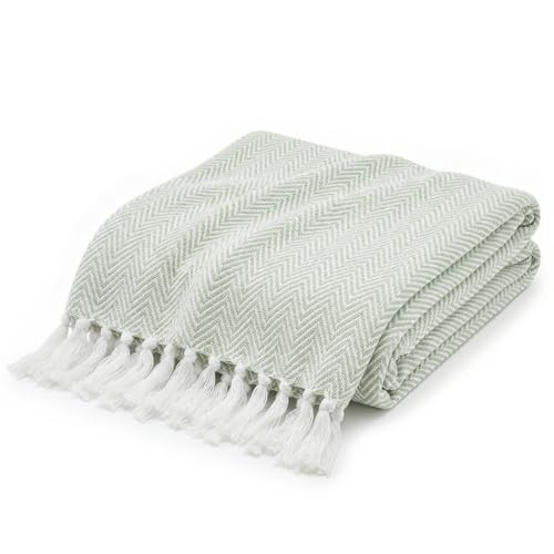 Americanflat 50x60 Throw Blanket - Soft and Breathable Cotton Throw Blanket for Couch, Bed, Chair - Decorative Blankets Perfect for Home or Outdoor Use - Light Green and White Herringbone Design | Amazon (US)