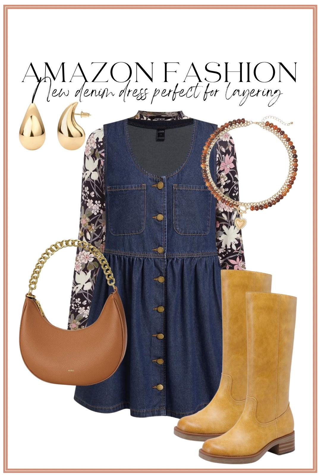 Such a cute Amazon layering outfit for fall! 🍂 This denim button-front dress is adorable layered over a floral mesh top, and I love how the warm brown accessories pull everything together. The tall boots, crescent bag, layered necklace and gold earrings make this such a fun way to style a denim dress as the weather gets cooler! 🤎✨

Amazon denim dress | denim dress outfit | fall layering outfit | floral mesh top | tall brown boots | Amazon boots | brown shoulder bag | Amazon jewelry | Amazon fall fashion | fall outfit inspiration

#amazonfashion #amazonfinds #amazonstyle #amazonoutfit #denimdress #fallfashion #falloutfit #layeringoutfit #amazonboots #affordablefashion #fallstyle #amazonmusthaves

#LTKootd #LTKPetite