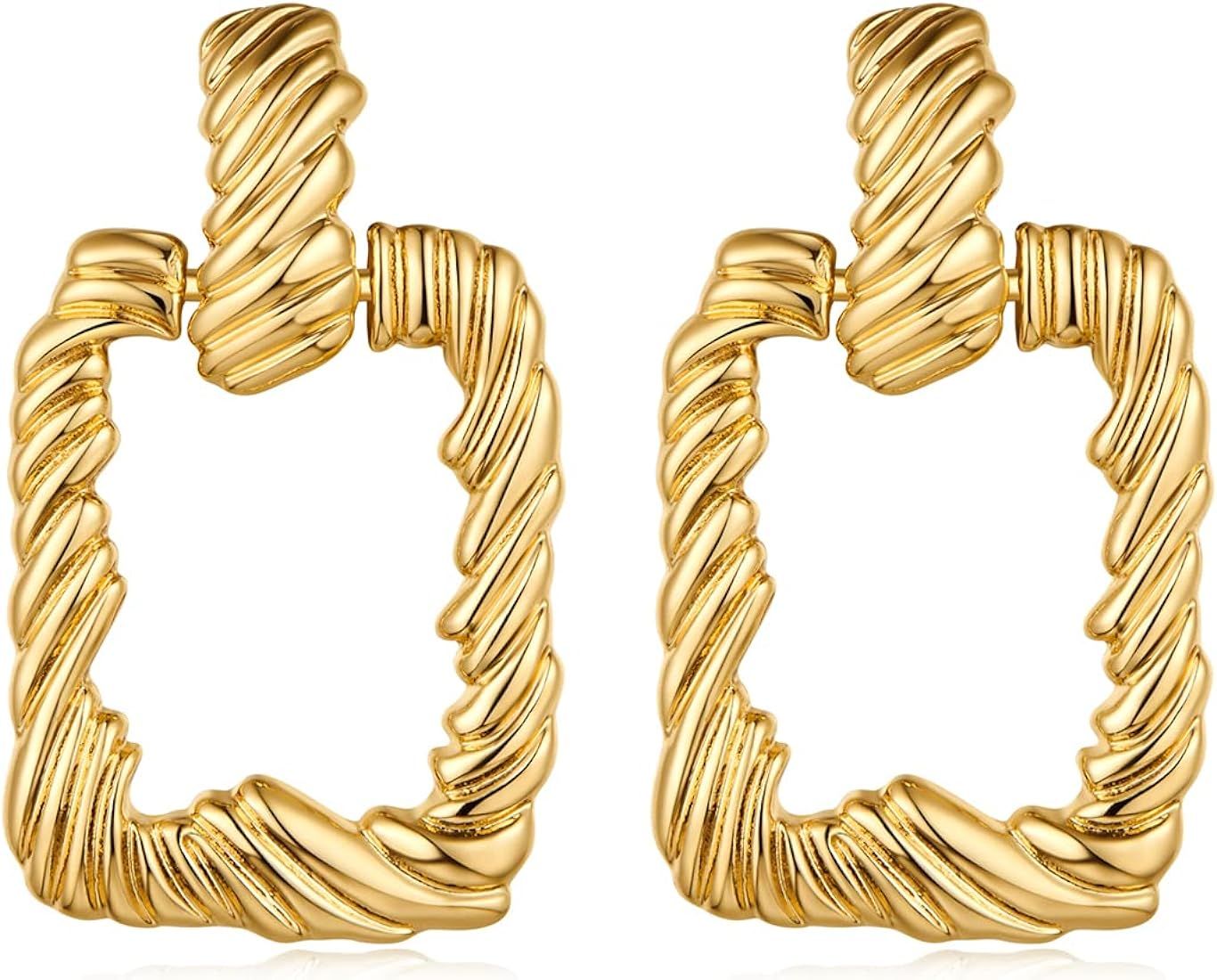 Amazon.com: HESSAWELL Big Gold Dangle Earrings for Women, Twisted Statement Geometric Square Vint... | Amazon (US)