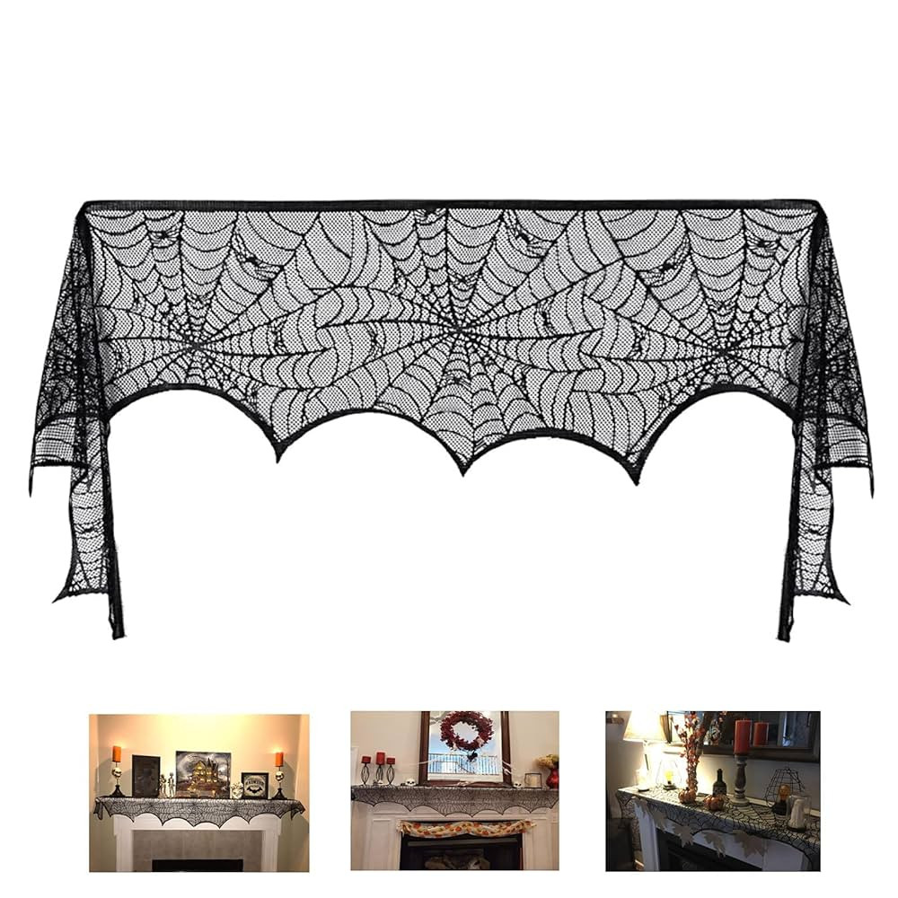 Halloween Fireplace Mantle Decorations, Black Lace Spiderweb Fireplace Mantel Scarf Cover Garland... | Amazon (US)