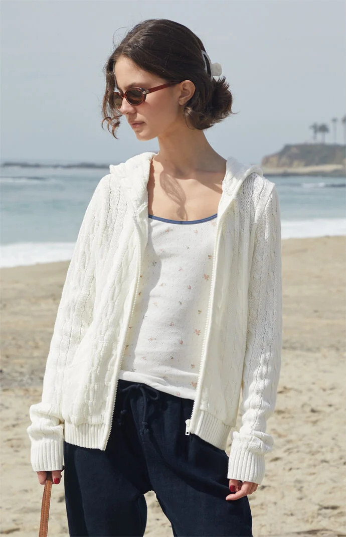 John Galt Women's White Cable Knit Zip Up Hooded Sweater | PacSun