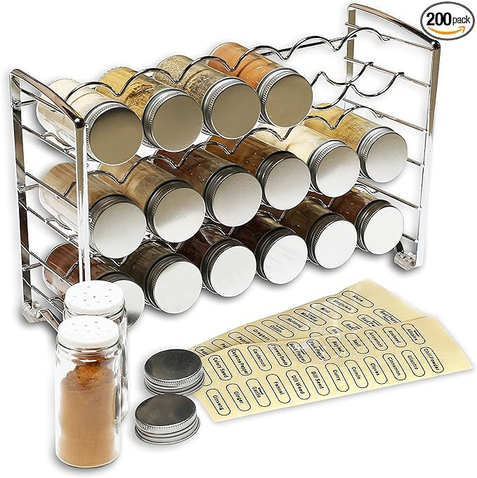 Deco Brothers Spice Rack Stand holder with 18 Bottles and 48 Labels, Chrome | Amazon (US)
