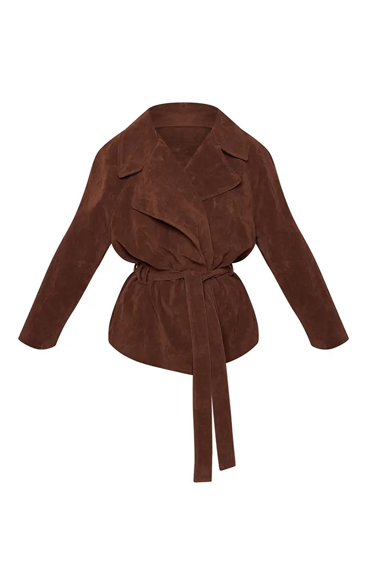 Chocolate Faux Suede Belted Jacket | PrettyLittleThing USA | PrettyLittleThing US