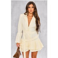 Butter Cream Tailored Woven Pleated Belt Blazer Dress | PrettyLittleThing US