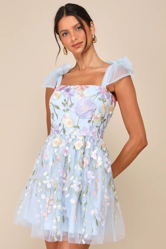 Blue 3D Floral Applique Tie-Strap Mini Dress | Blue Floral Dress | Floral Mini Dress | Lulus