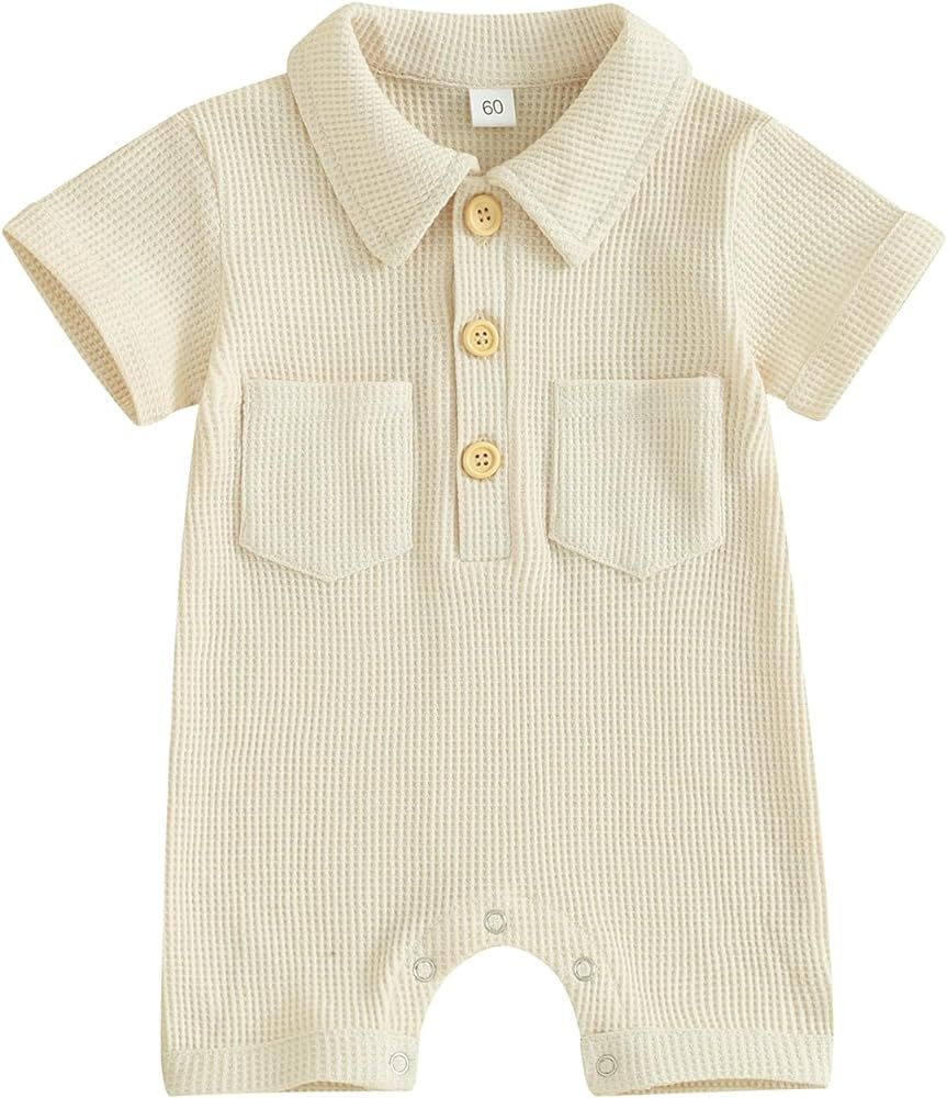 AEEMCEM Newborn Baby Boy Clothes Waffle Knit Polo Romper Bodysuit Solid Short Sleeve Collared One... | Amazon (US)