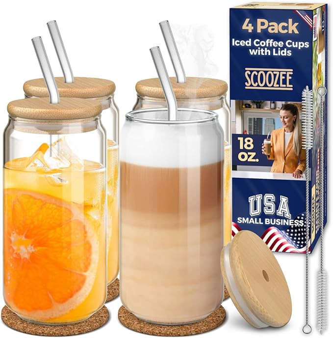 Iced Coffee Cups with Lids -18 Oz 4 Pcs, Drinking Glasses with Bamboo Lids & Glass Straws, Aesthe... | Amazon (US)