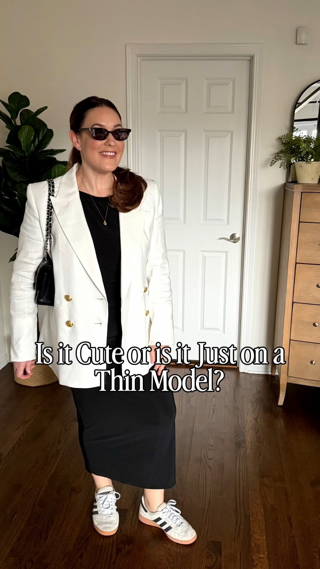 Three ways to style a @Veronica Beard white blazer on a midsize 12!￼

White blazer with gold buttons- 12
Black shapewear dress- L
White tank top – large
Dark rinse wide leg jeans- 12P
Belt- 95
Cream jeans- 12/44
Striped tank top- XL
Sandals- if in between go down half a size, even if you have wide feet 
Jimmy Fairly Pippa Sunnies

@Miraclesuit @SEZANE 

#LTKMidsize #LTKSpringSale #LTKSeasonal