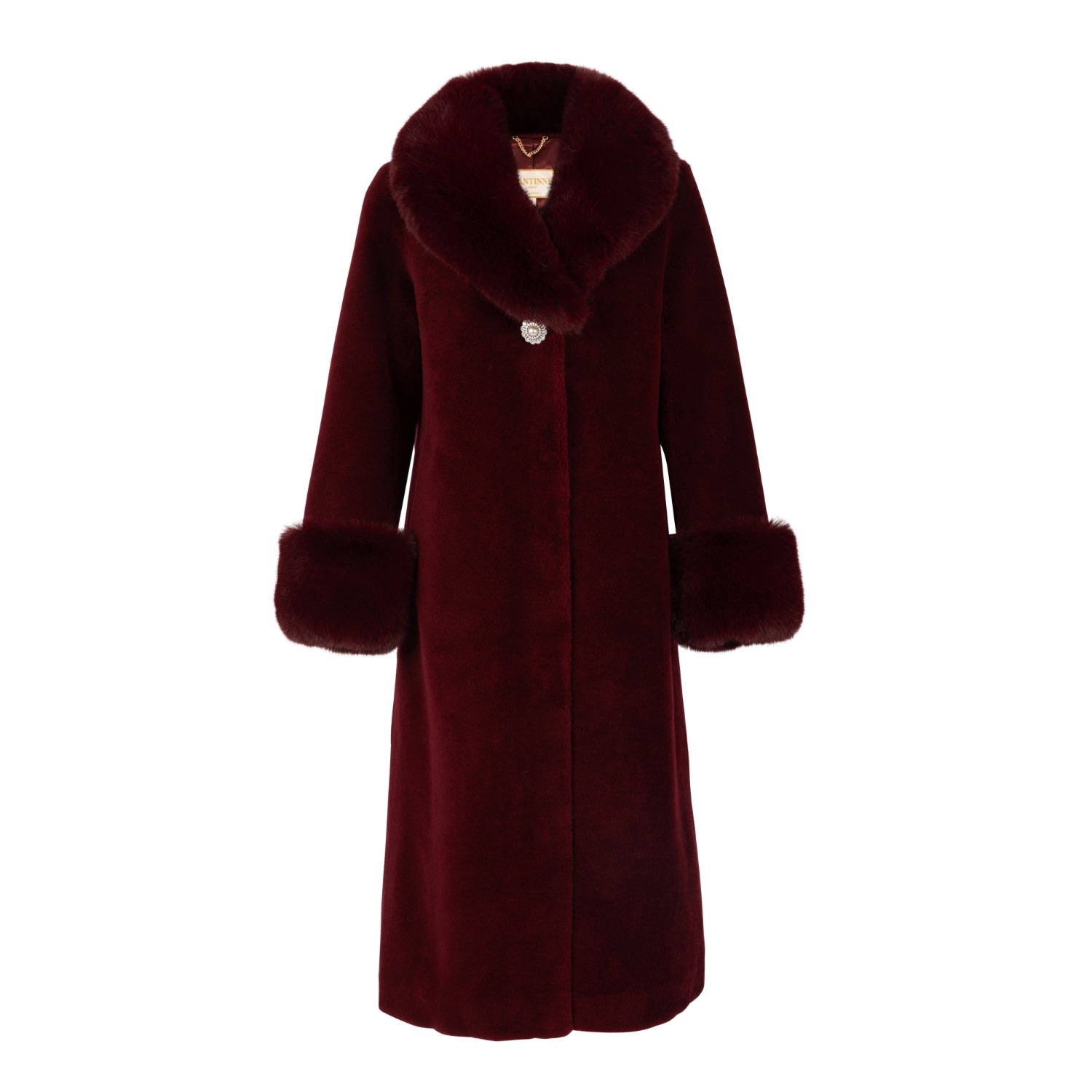 'Sunset Boulevard' Long Wool Coat With Faux Fur Collar In Rosso | Wolf & Badger