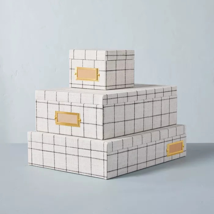 Grid Pattern Fabric Storage Box with Metal Label Holder Cream/Gray - Hearth & Hand™ with Magnol... | Target