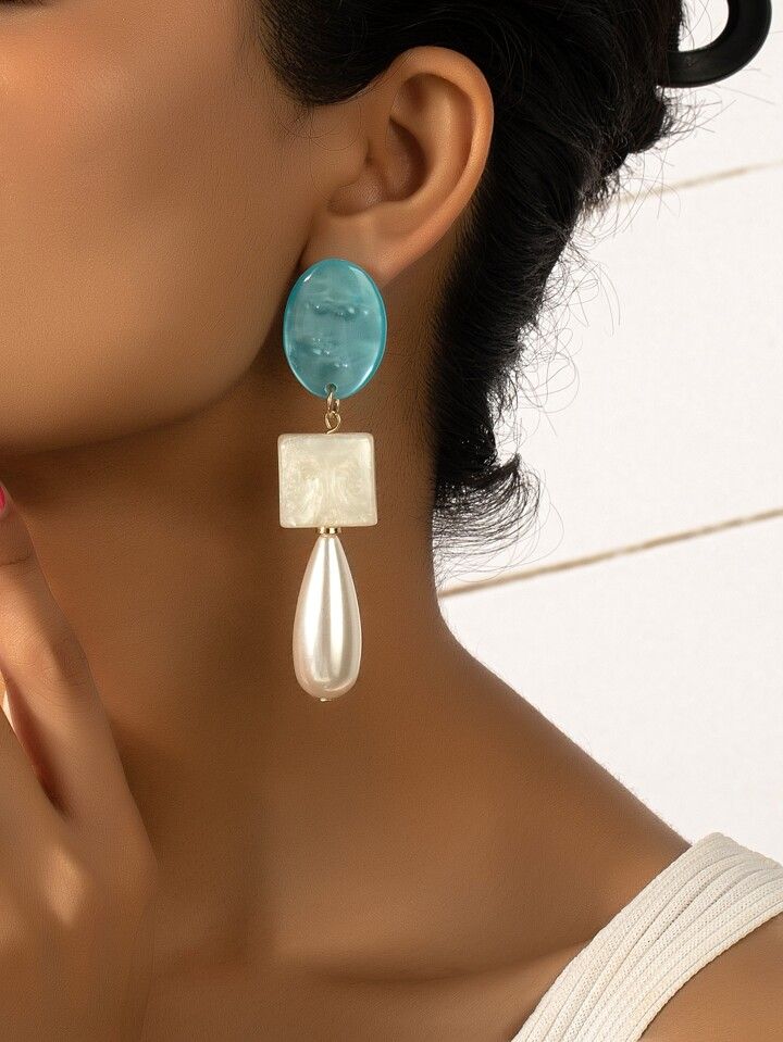 Square & Faux Pearl Water Drop Earrings | SHEIN