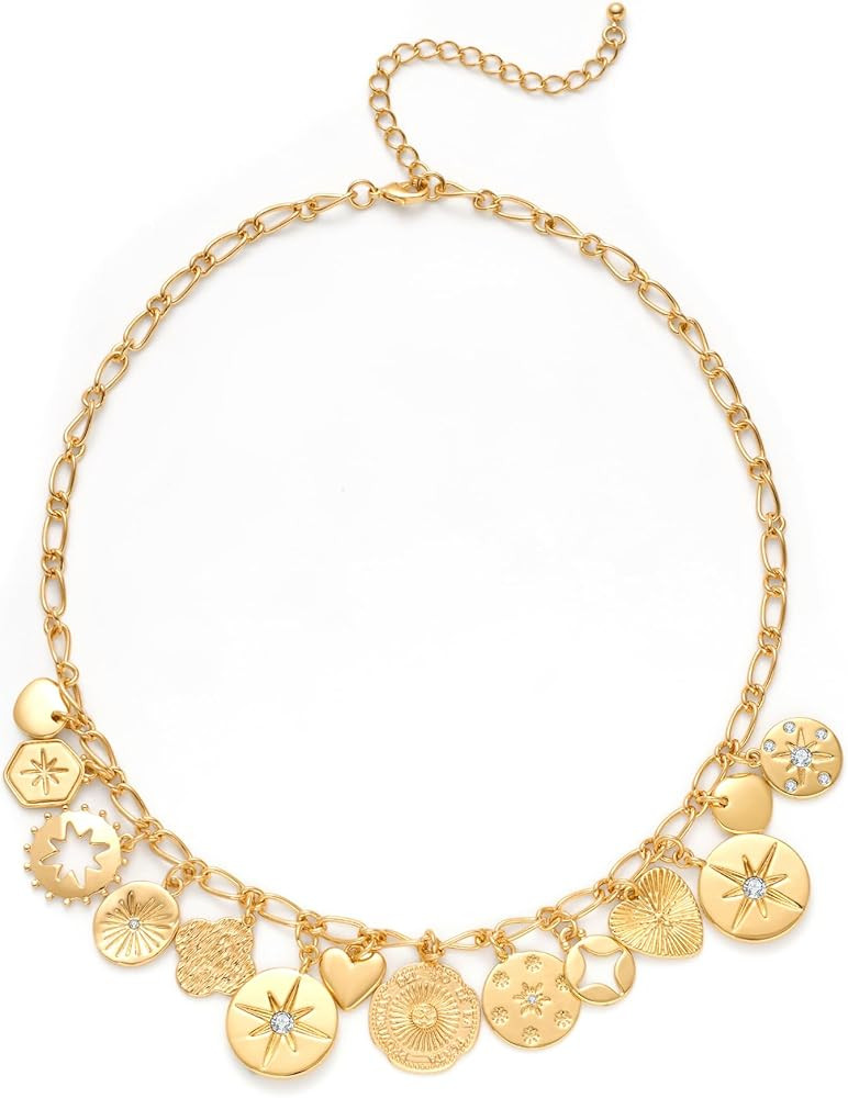 Chunky Multiple Charms Necklace for Women Boho Vintage Adjustable Gold Chain Necklace Bold Statem... | Amazon (US)
