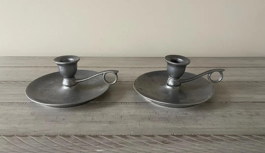 Vintage Candlestick Holders Set of Two Metal Candlestick Holders Silver Metal Candle Holders Mant... | Etsy (US)