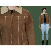 Wrangler Leather Jacket Woman Brown Sheepskin Shearling Coat Vintage Jacket 70's Brown Leather With Wool Inside Winter Moto | Etsy (US)