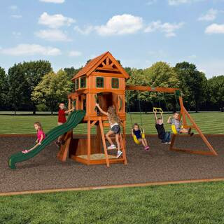Atlantis Outdoor Kid's Playground Set w/ Clubhouse, Rockwall, Sand Pit, Swing Set, and Wave Slide | The Home Depot
