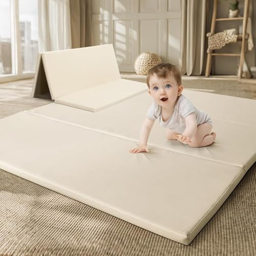 TODIBY Foam Baby Play Mat: PU Leather Waterproof Kids Playmat - Trifold Floor Mat - Large Play Mat for Playpen Thick Pad Fodable Mattress Soft Toddler Mattress Infant Cushion for Preschool (Beige) | Amazon (US)