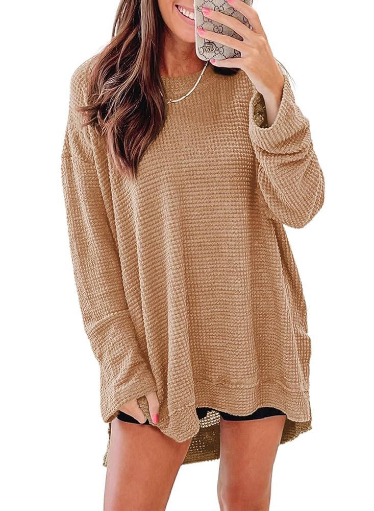 SHEWIN Long Sleeve Shirts For Women Oversized Sweatshirt Crewneck Waffle Knit Fall Tops for Women... | Amazon (US)