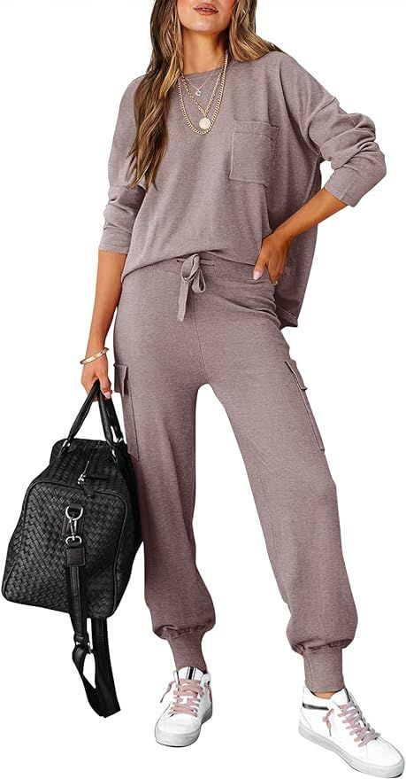 Caracilia Women's Two Piece Outfits Sweater Sets Long Sleeve Knit Pullover Tops and Cargo Jogger ... | Amazon (US)