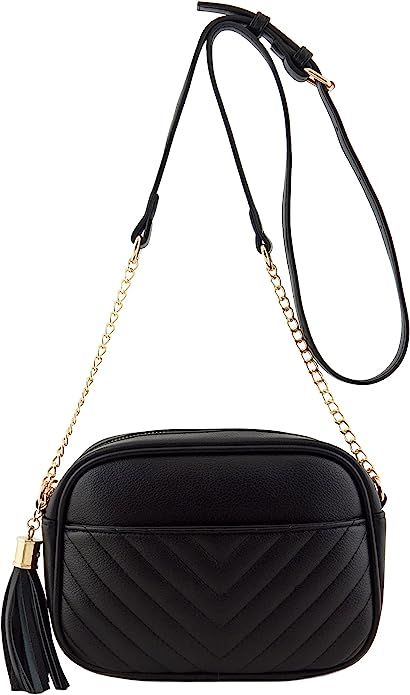 FashionPuzzle Chevron Quilted Crossbody Camera Bag with Chain Strap and Tassel | Amazon (US)