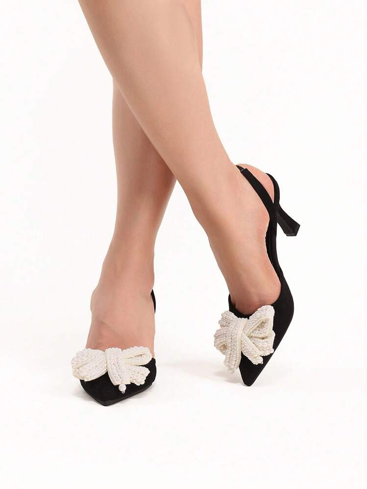 Fall/Winter 2025 Women's White Faux Pearl Bowknot High Heels Pointed Stiletto Sandals, Elegant Bl... | SHEIN