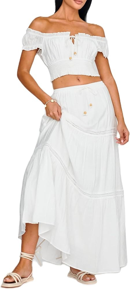 UAURORAO Women Flowy Maxi Skirt 2 Piece Boho Outfits Off Shoulder Crop Top Tiered Ruffle Long Ski... | Amazon (US)