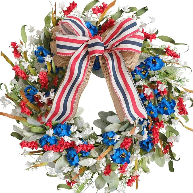 20 Inch Patriotic Red White Blue Flowers Wreath for Front Door, Forth of July Lamb Ears Leaves Wr... | Amazon (US)