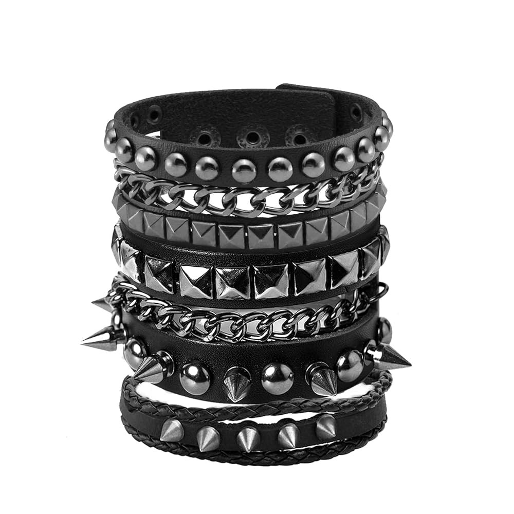 Eigso Leather Punk Rock Cuff Bracelets for Men Women Retro Vintage Chain 80s Wristband Set for Ma... | Amazon (US)