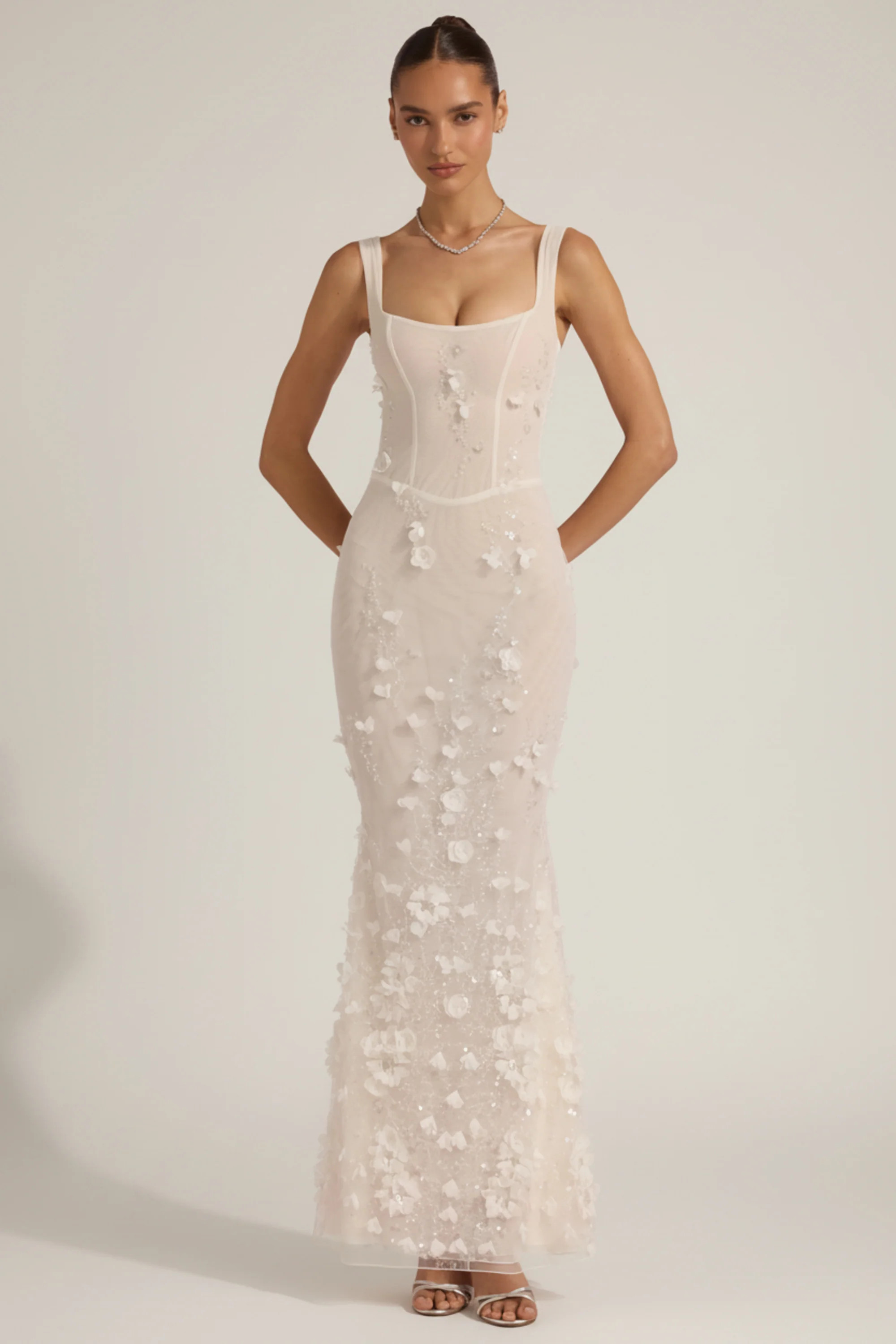 Embellished Appliqué Soft-Scoop Corset Gown in White | Oh Polly